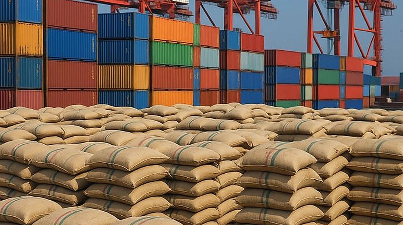Rows of commodity sacks in front of stacked containers