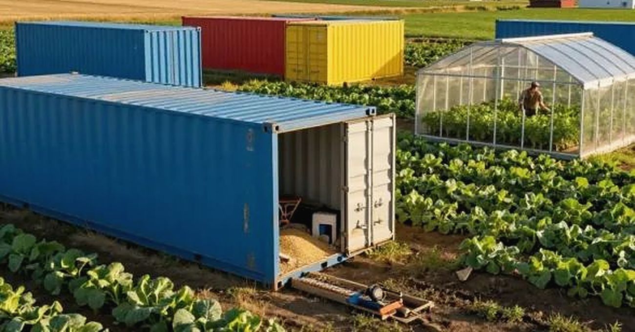 Shipping containers set among cultivated fields